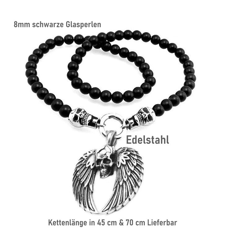 Schwarze Perlenkette mit Totenkopf & Flügel