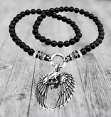 Schwarze Perlenkette mit Totenkopf & Flügel