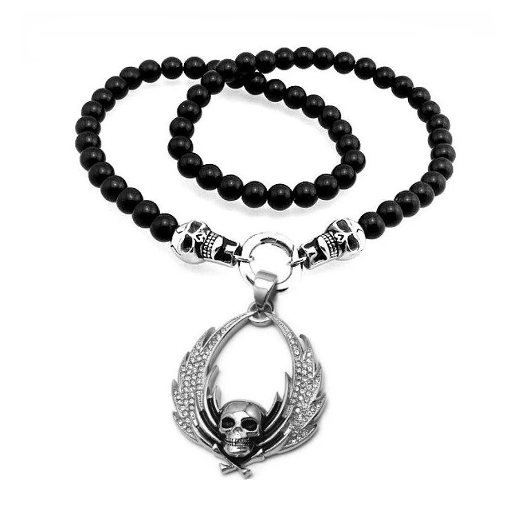 Schwarze Perlenkette mit Skull Anhänger