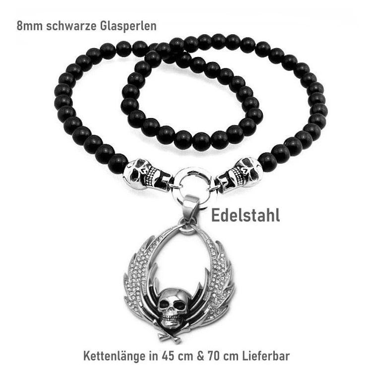 Schwarze Perlenkette mit Skull Anhänger