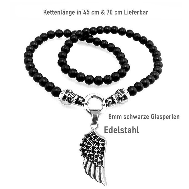 Schwarze Perlenkette mit Flügel