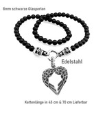 Schwarze Glasperlenkette mit Flügel-Anhänger & schwarzen Steinchen