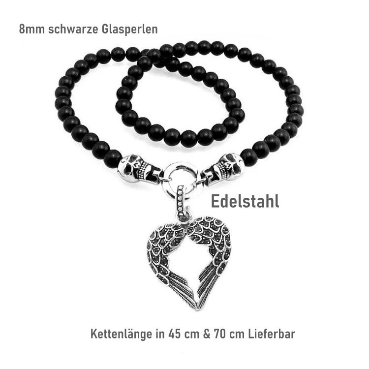 Schwarze Glasperlenkette mit Flügel-Anhänger & schwarzen Steinchen