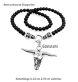 Schwarze Glasperlenkette mit Stierkopf-Anhänger