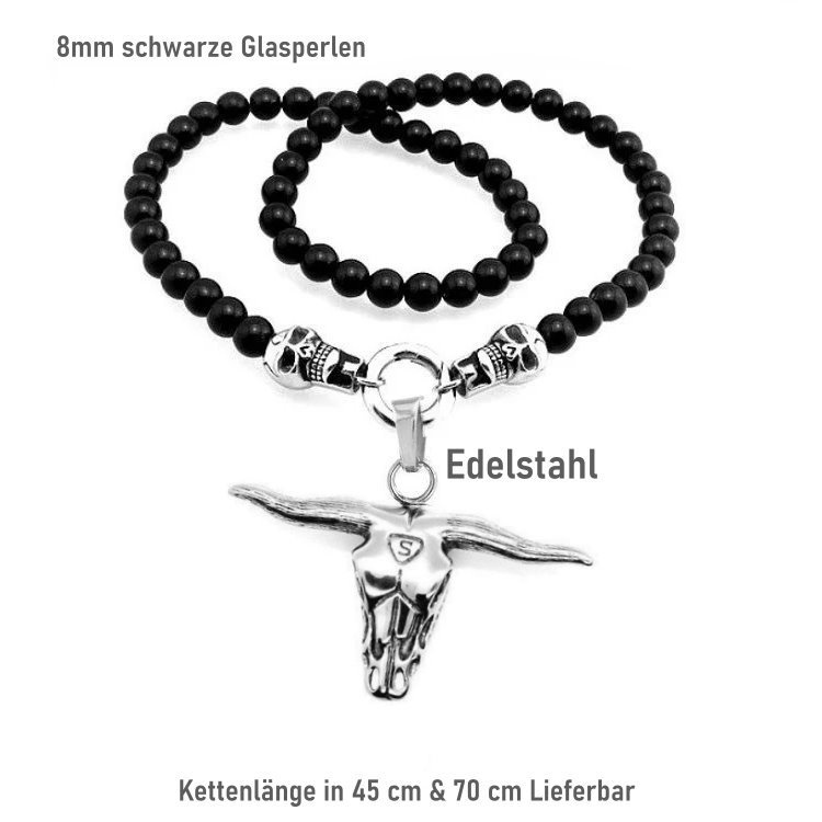 Schwarze Glasperlenkette mit Stierkopf-Anhänger