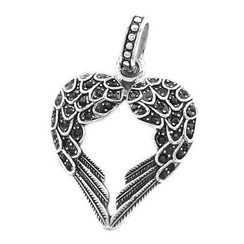 Schwarze Glasperlenkette mit Flügel-Anhänger & schwarzen Steinchen