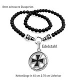 Schwarze Perlenkette mit rundem eisernen Kreuz | Edelstahl Anhänger