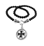 Schwarze Perlenkette mit rundem eisernen Kreuz | Edelstahl Anhänger