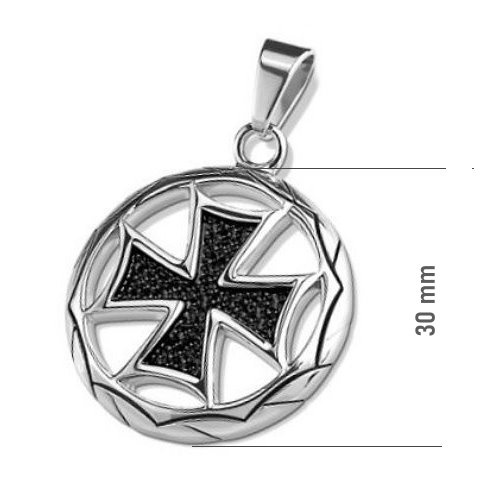 Schwarze Perlenkette mit rundem eisernen Kreuz | Edelstahl Anhänger