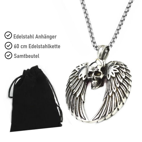 Edelstahlanhänger Totenkopf mit Flügel