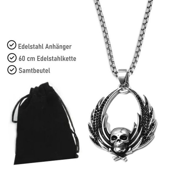 Totenkopfanhänger Edelstahl mit Flügel