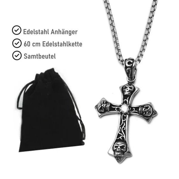 Edelstahlkette mit Kreuzanhänger Totenkopf