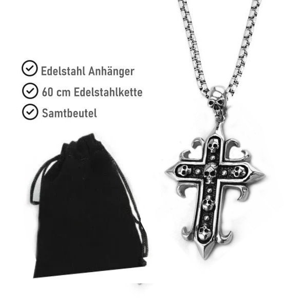 Edelstahlanhänger Kreuz mit Totenkopf
