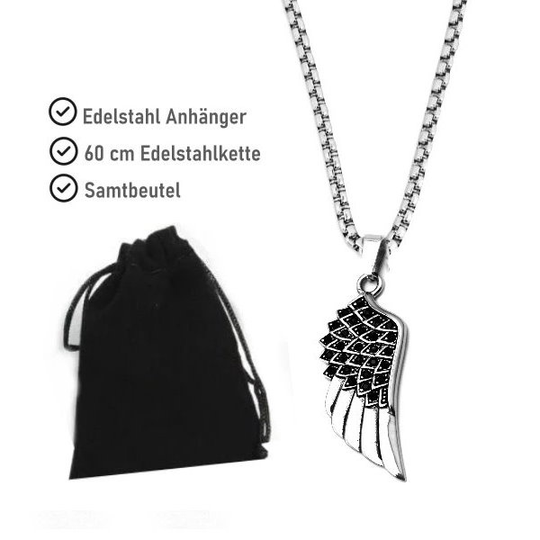 Edelstahlanhänger Flügel mit schwarzen Steinchen
