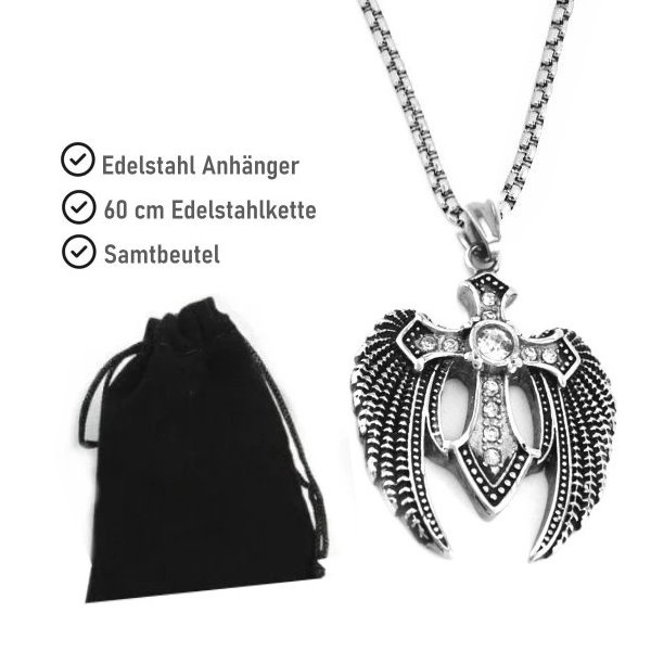 Kettenanhänger Kreuz mit Flügel aus Edelstahl