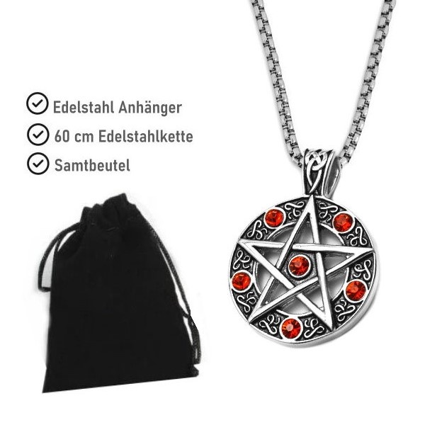 Pentagramm Edelstahlanhänger mit roten Steinchen