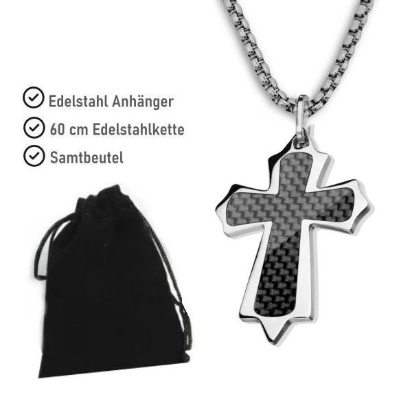 Kreuz Anhänger aus Edelstahl mit Carbon Inlay