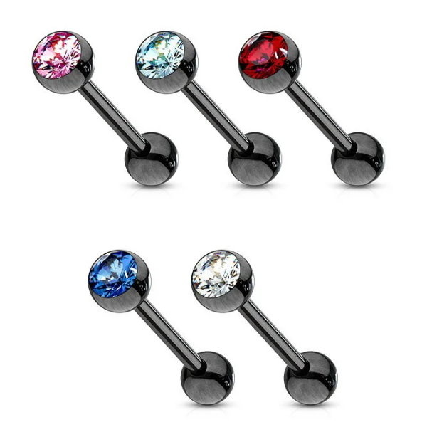 Schwarzes Zungenpiercing mit Zirkonia