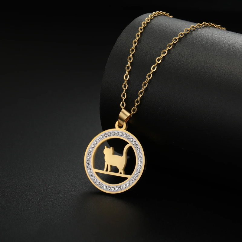 Edelstahlkette mit Katzenanhänger mit Kristall Steinchen