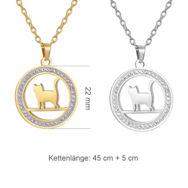 Edelstahlkette mit Katzenanhänger mit Kristall Steinchen