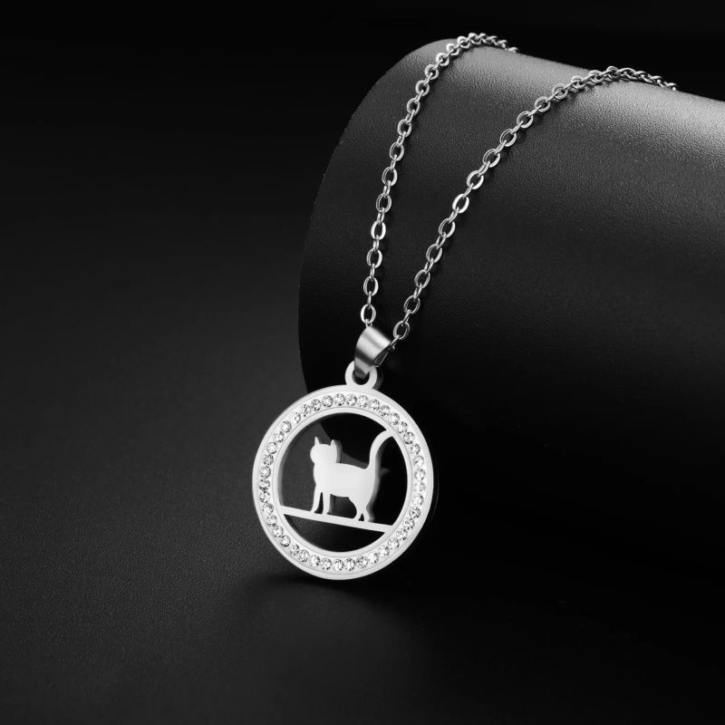 Edelstahlkette mit Katzenanhänger mit Kristall Steinchen