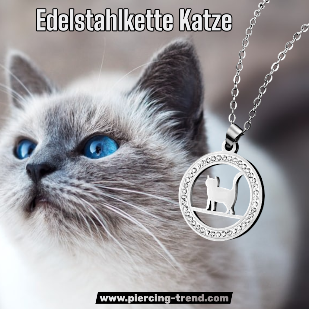 Edelstahlkette mit Katzenanhänger mit Kristall Steinchen