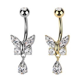 Bauchnabelpiercing Schmetterling mit kleinem Anhänger – Chirurgenstahl 316L PVD | 1,6 x 10 mm | Gold & Silber