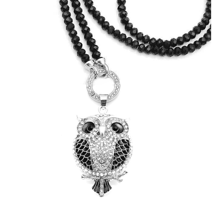Schwarze Variokette mit Eulen-Anhänger – 80 cm | 6 mm Glasperlen