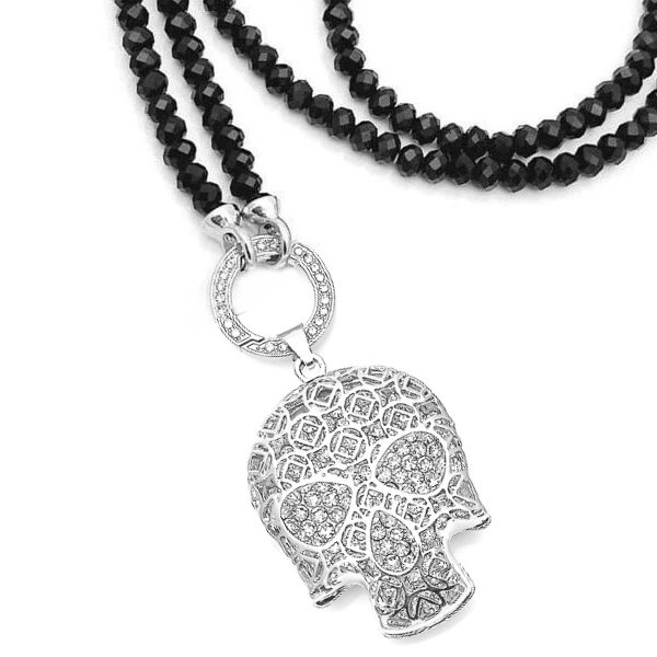 Schwarze Vario 6mm Glasperlenkette mit Totenkopf