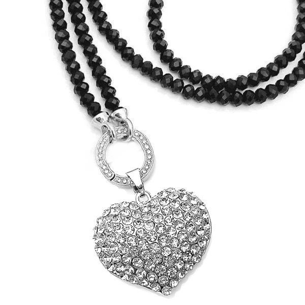 Schwarze Vario Glasperlenkette mit Herz Anhänger