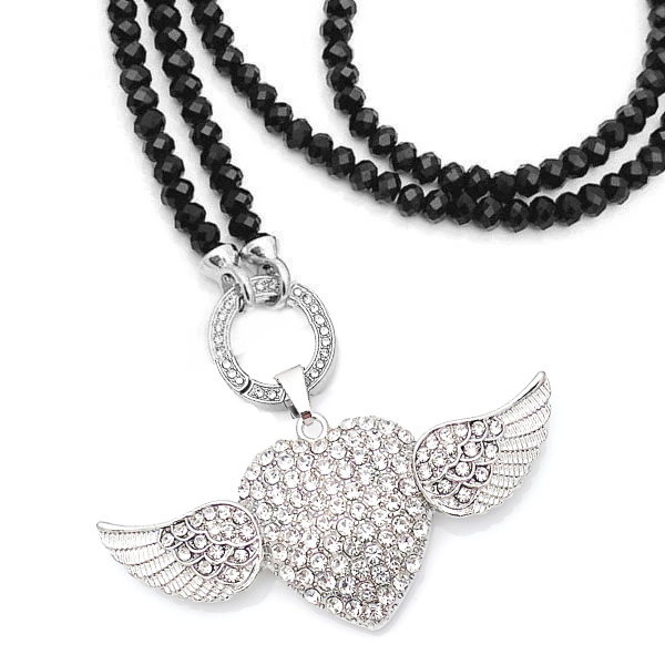 Schwarze Glasperlenkette mit Herz & Flügel