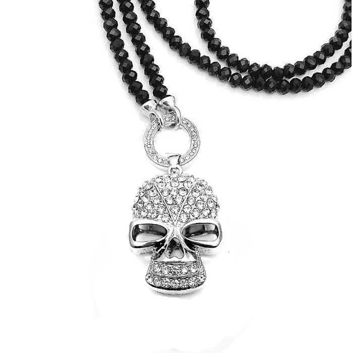 Schwarze Glasperlenkette Totenkopf Anhänger