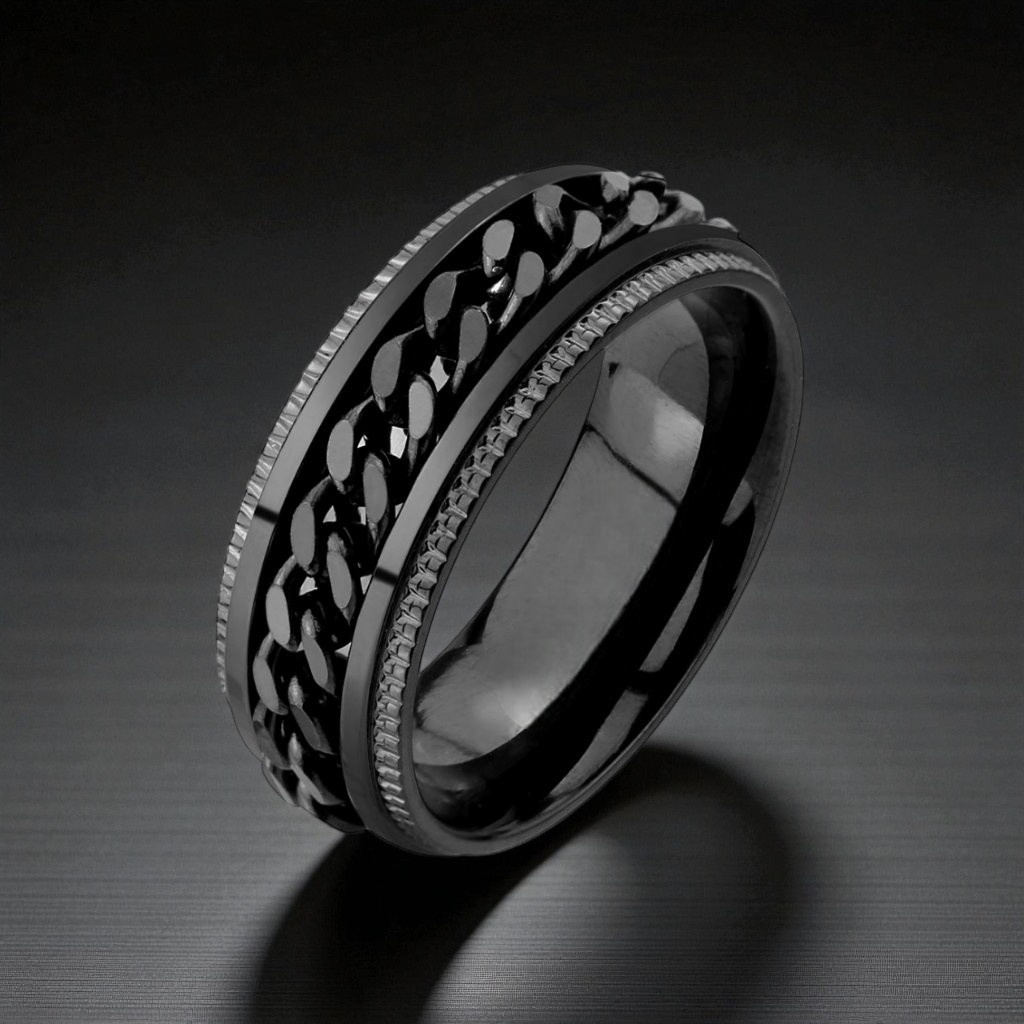 Schwarzer Edelstahl Ring mit Kette