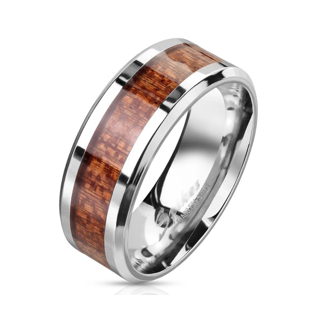 Unisex Ring Edelstahl mit Holz Inlay