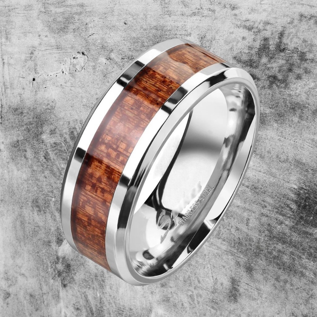 Unisex Ring Edelstahl mit Holz Inlay