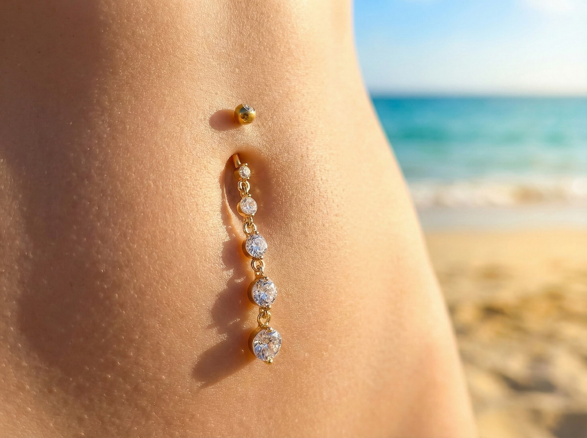 Bauchnabelpiercing mit langem Anhänger & 5 Zirkonia-Steinen
