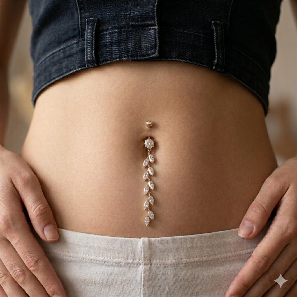 Langes Bauchnabelpiercing  mit funkelndem Kristall