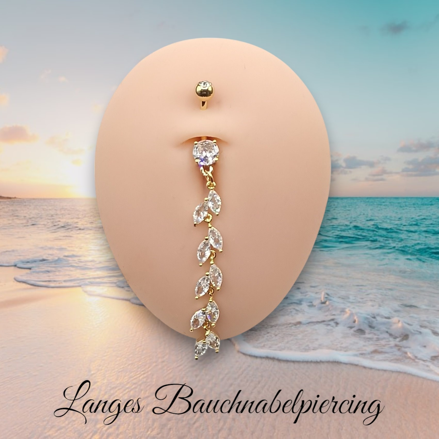 Bauchnabelpiercing im Marquise-Schliff mit langem Zirkonia-Anhänger