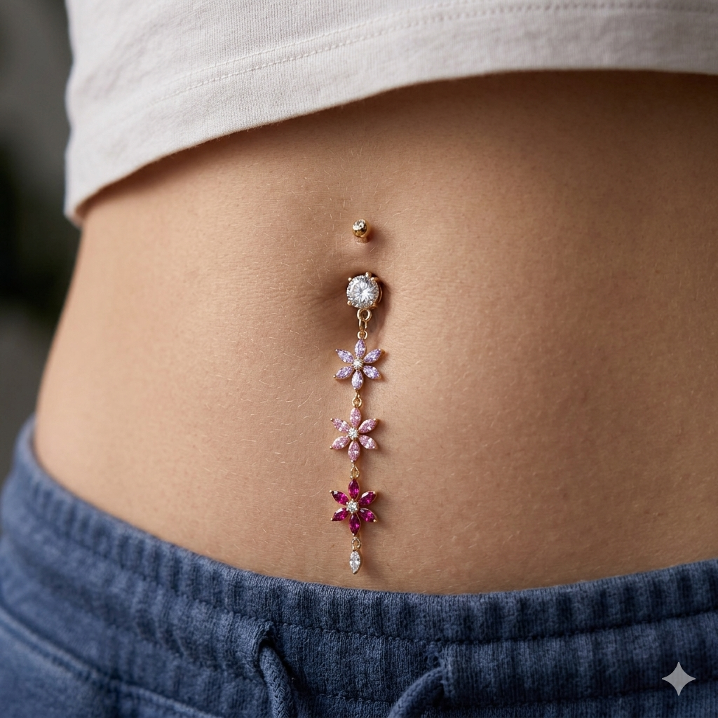Goldfarbenes Bauchnabelpiercing mit Blumen-Anhänger – 1,6 x 10 mm