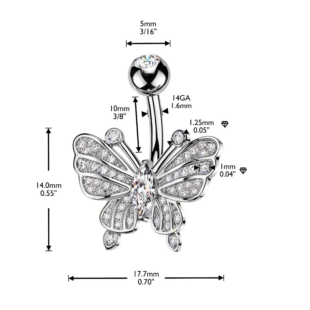 Bauchnabelpiercing Schmetterling – 1,6 x 10 mm in Gold oder Silber