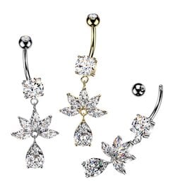 Bauchnabelpiercing mit Blumen-Anhänger – Kristall-Zirkonia | Chirurgenstahl 316L / PVD | Gold & Silber | 1,6 x 10 mm