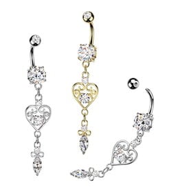 Bauchnabelpiercing Herz Anhänger – Kristall-Zirkonia | Chirurgenstahl 316L / PVD | Gold & Silber | 1,6 x 10 mm
