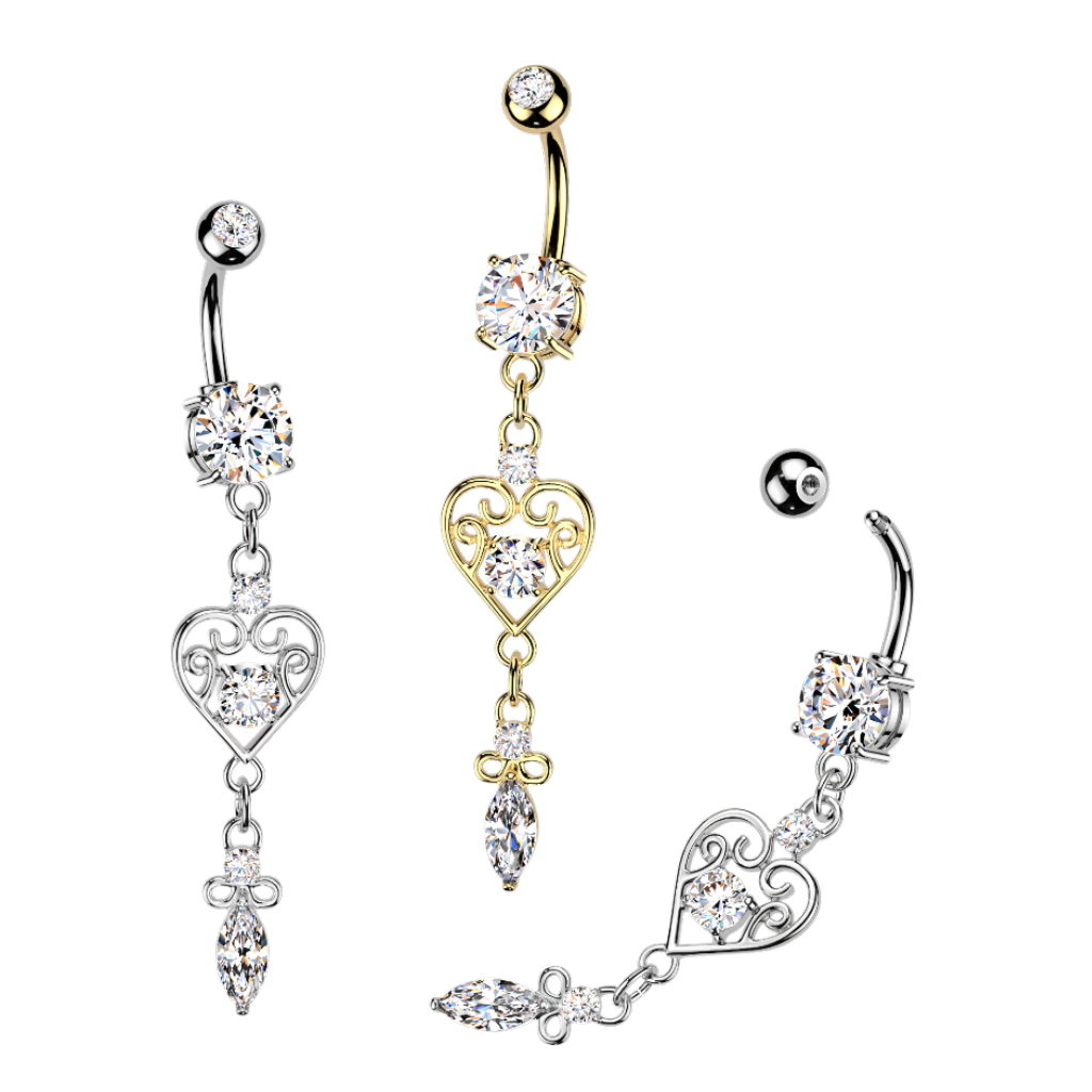 Bauchnabelpiercing Herz Anhänger mit Kristallsteinen – Gold oder Silber