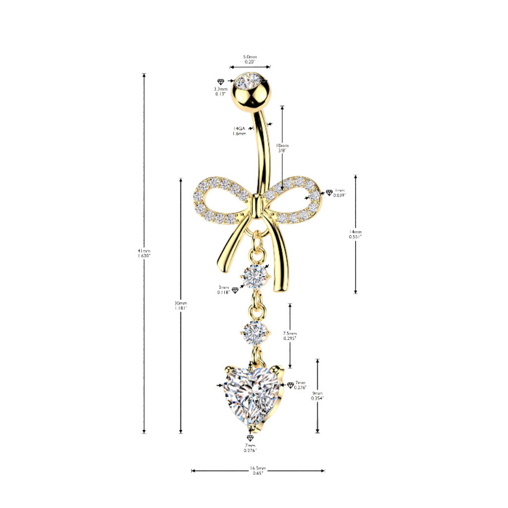 Bauchnabelpiercing Schleife mit Herz Anhänger – Gold oder Silber