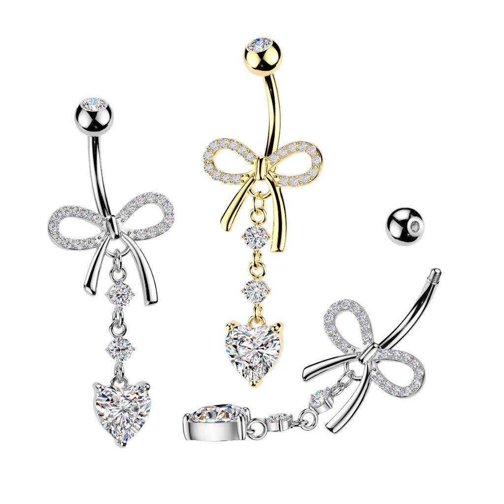 Bauchnabelpiercing Schleife mit Herz Anhänger – Gold oder Silber