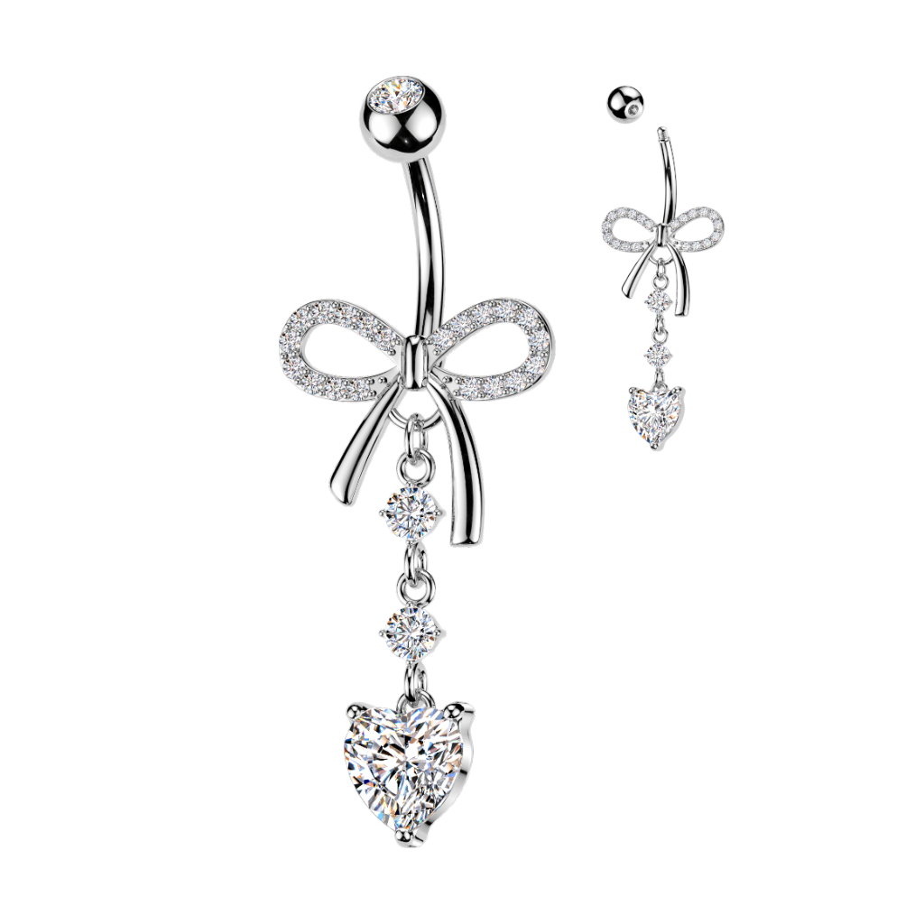 Bauchnabelpiercing Schleife mit Herz Anhänger – Gold oder Silber