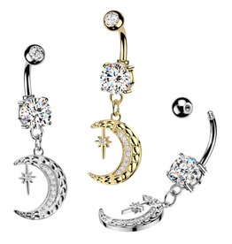 Bauchnabelpiercing Mond & Sterne – Chirurgenstahl 316L / PVD | Gold & Silber | 1,6 x 10 mm