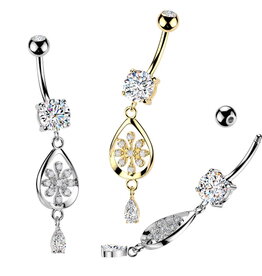 Bauchnabelpiercing Blume mit Kristall-Anhänger – Chirurgenstahl 316L / PVD | Gold oder Silber | 1,6 x 10 mm