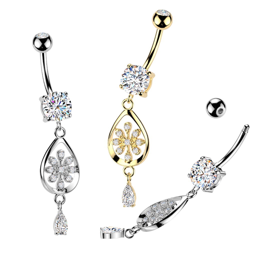 Bauchnabelpiercing Blume mit Kristall-Anhänger