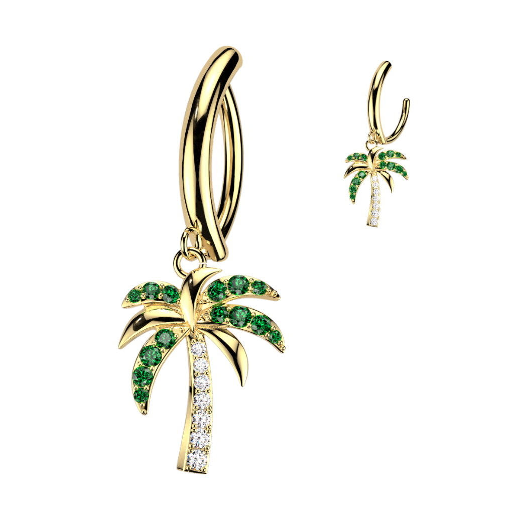 Stylischer Bauchnabel Clicker mit Palmen-Anhänger. In Gold oder Silber erhältlich – tropisches Design mit praktischem Klappverschluss.